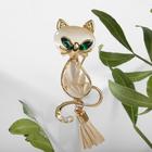 Брошь «Кошачий глаз» кошечка с кисточкой, цвет бежево-зелёный в золоте - Фото 1