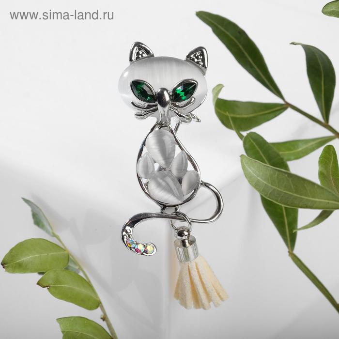 Брошь «Кошачий глаз» кошечка с кисточкой, цвет серо-зелёный в серебре - Фото 1