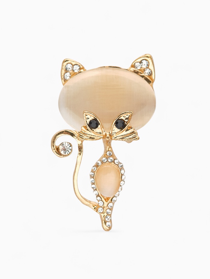 Брошь «Кошачий глаз», ласковая кошечка, бежевая в золоте - Фото 1