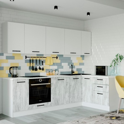 Кухня угловая «Бланка», со столешницей, 2600×1600 мм, цвет белый/мрамор марквина белый/жемчуг/пайн