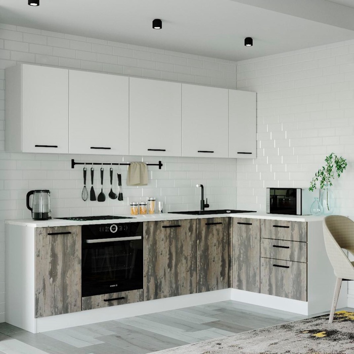 Кухонный гарнитур Руанда Угловая 2616х1616 Белый/Мрамор Марквина/Жемчуг,Руанда - Фото 1