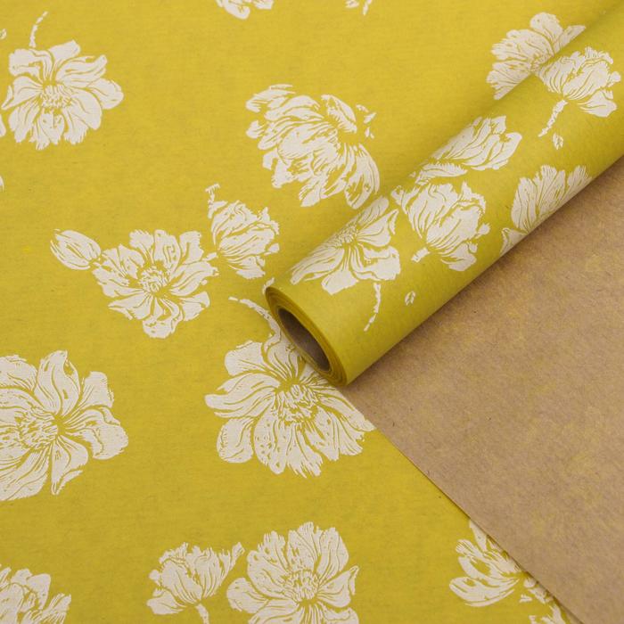 Бумага упаковочная крафт "Цветы жёлтые", 0,6 х 10 м, 40 г/м² - Фото 1