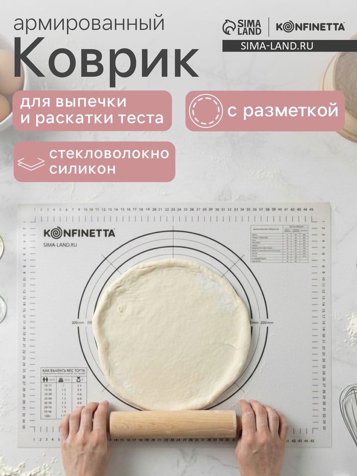 Коврик для выпечки и раскатки теста с разметкой KONFINETTA, армированный, силикон, 40×50 см, 0.44 мм, чёрный - Фото 1