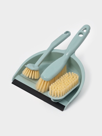 Щётки для уборки Доляна, 4 предмета: совок, 3 щётки, 30×21×12 см, голубые