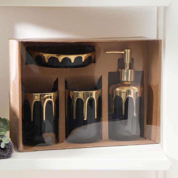 Набор аксессуаров для ванной комнаты «Карамель», 4 предмета (мыльница, дозатор для мыла 320 мл, 2 стакана 300 мл), цвет чёрный - фото 1883629483
