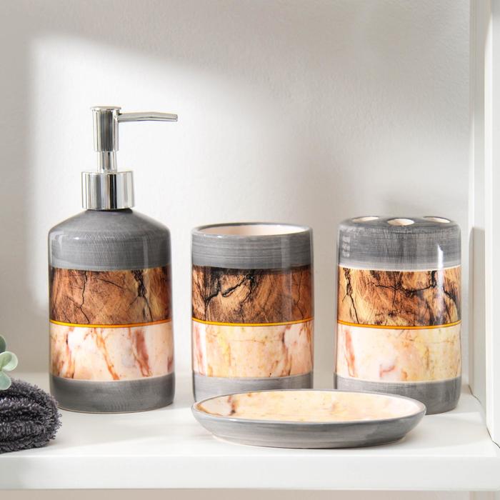 Набор аксессуаров для ванной комнаты «Янтарь», 4 предмета (мыльница, дозатор для мыла, 2 стакана) - Фото 1