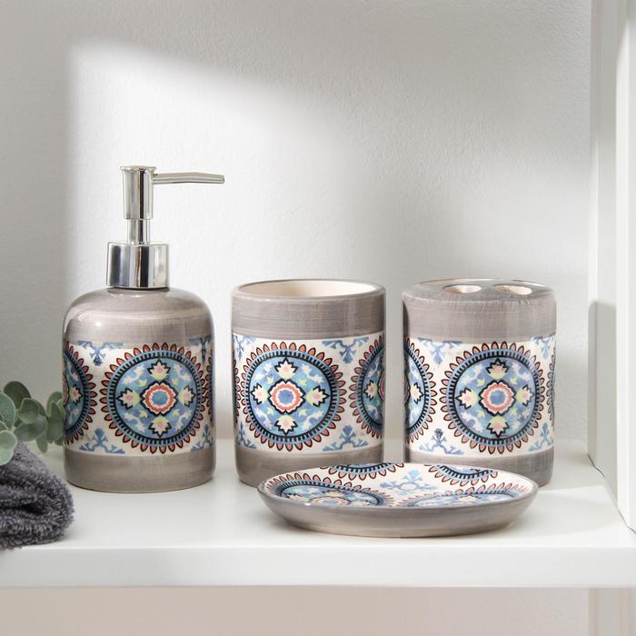 Набор аксессуаров для ванной комнаты «Рим», 4 предмета (мыльница, дозатор для мыла 370 мл, 2 стакана 370 мл), цвет серый - Фото 1