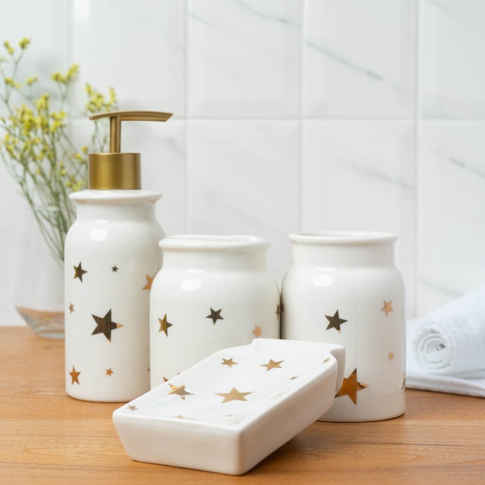 Набор аксессуаров для ванной комнаты «Звёзды», 4 предмета (мыльница, дозатор для мыла 320 мл, 2 стакана 300 мл), цвет белый - Фото 1