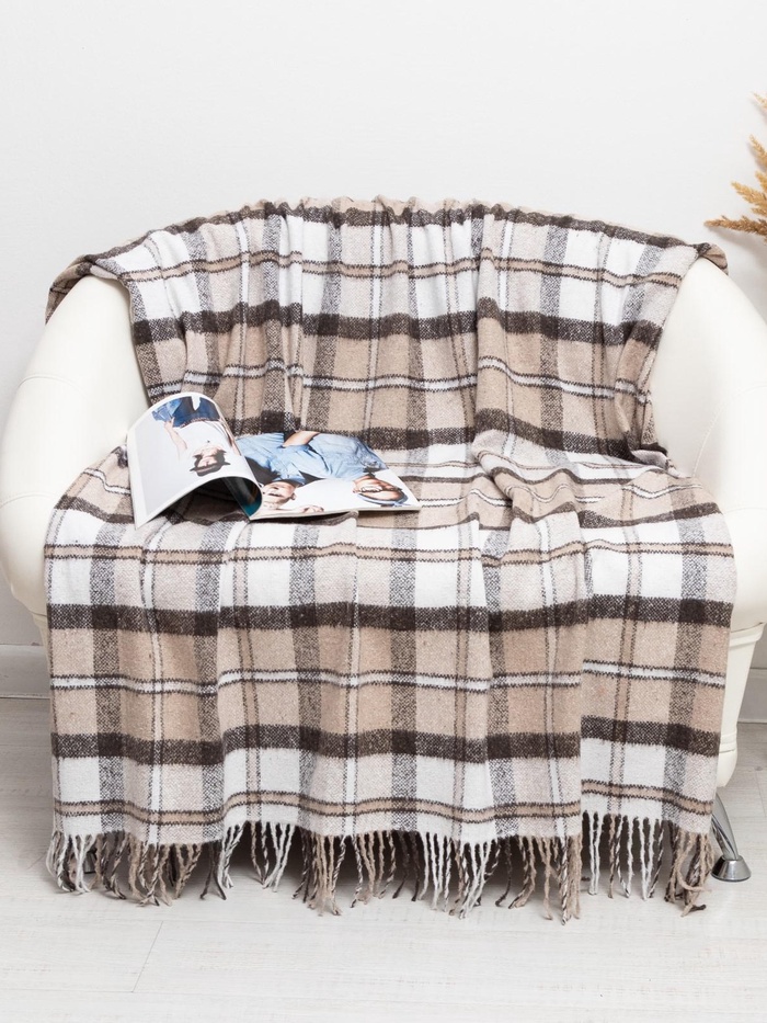 Плед с бахромой Vladi Palermo, 140×200 см, белый, коричневый, шерсть 20%, пан 40% - Фото 1