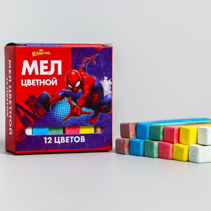 Набор мелков школьных 12 штук, 6 цветов «Супергерой», Человек-паук - Фото 1