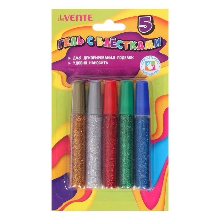 Гель с блёстками в тубе, набор 5 цветов х 10 мл, deVENTE Glitter Gel, смываемый до высыхания, в картонном блистере - Фото 1