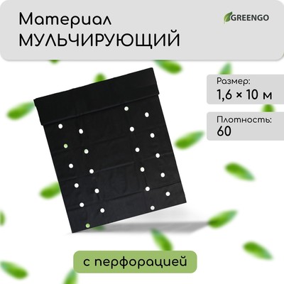 Материал мульчирующий, 10 × 1.6 м, плотность 60 г/м², спанбонд с УФ-стабилизатором, четыре ряда перфорации, чёрный, Greengo