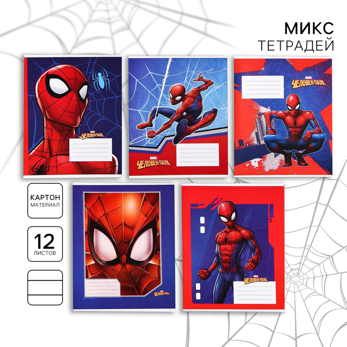 Тетрадь в линейку 12 листов, 5 видов МИКС, обложка мелованный картон, «Человек-паук» - Фото 1