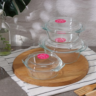 Набор кастрюль из жаропрочного стекла для запекания Доляна «Гратен», 3 предмета: 0.7 л, 1 л, 1.5 л, с крышками