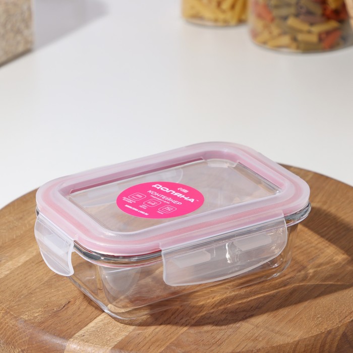 Контейнер для еды из жаропрочного стекла Доляна «Клик», 380 мл, 15.5×11×5 см, с крышкой - Фото 1