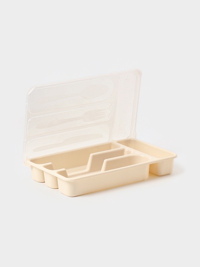 Лоток для столовых приборов с крышкой Доляна, 4 секции, пластик, 30×18×4.5 см, молочный