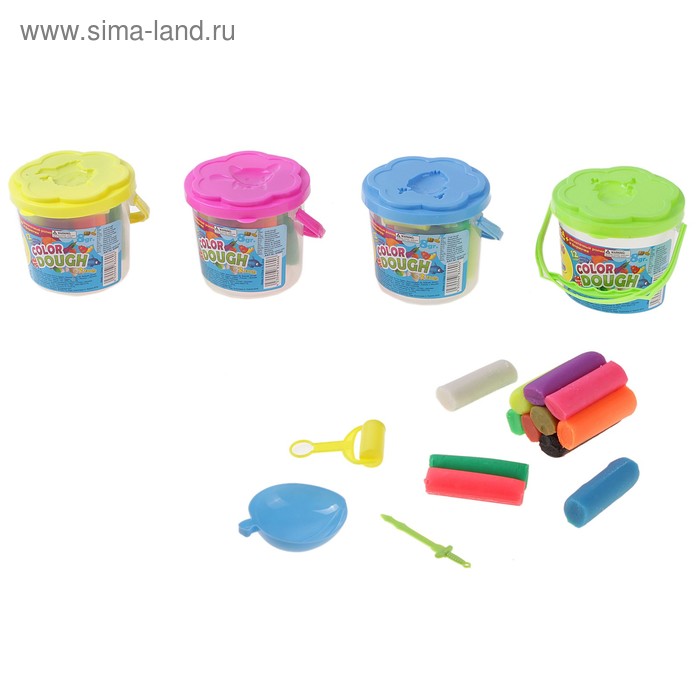 Масса для лепки натуральное тесто 12 цветов х 8 гр, формочки в пластиковом ведерке - Фото 1
