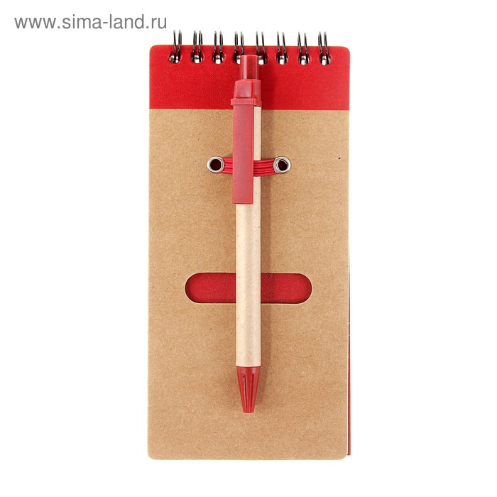 Блокнот А6 30л на гребне с ручкой крафт с красным - Фото 1