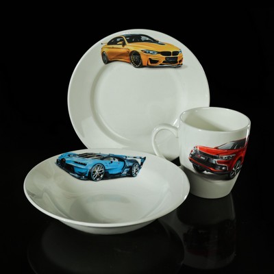 Набор детской посуды "Гонки", 3 предмета: тарелка 17,5 см, миска 250 мл (17,5 см), кружка 260 мл, рисунок МИКС