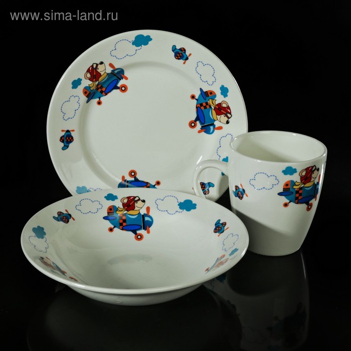 Набор детской посуды "Пилот", 3 предмета: тарелка 17,5 см, миска 250 мл (d=17,5 см), кружка 260 мл , рисунок МИКС - Фото 1