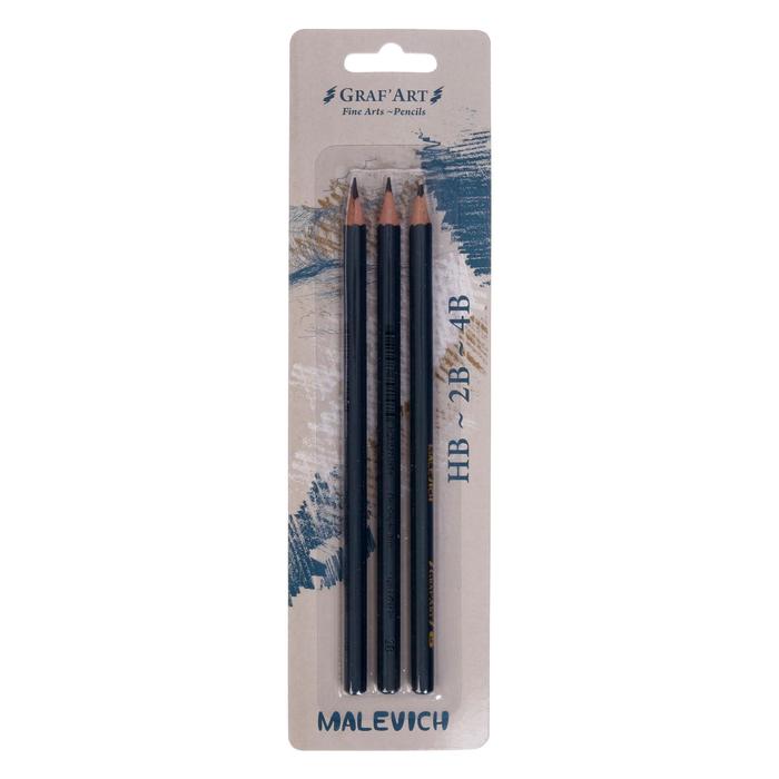 Набор чернографитных карандашей, разной твердости, «Малевичъ» Graf'Art, 3 штуки, HB,2B,4B, в блистере - Фото 1