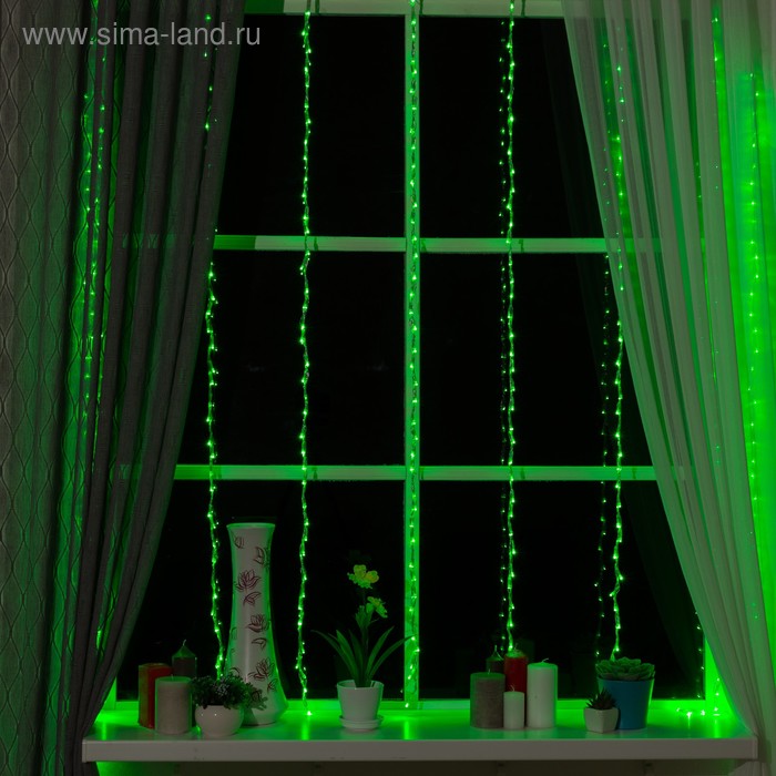 Гирлянда "Водопад" 2 х 1.5 м , IP20, прозрачная нить, 400 LED, свечение зелёное, 8 режимов, 220 В - Фото 1