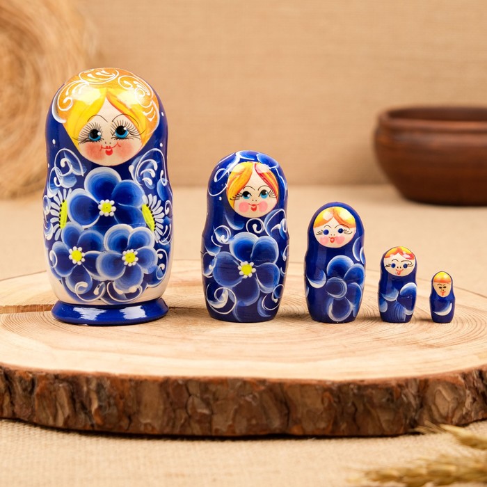 Матрёшка 5-ти кукольная "Нина" синяя , 13см, ручная роспись. - фото 1907186869
