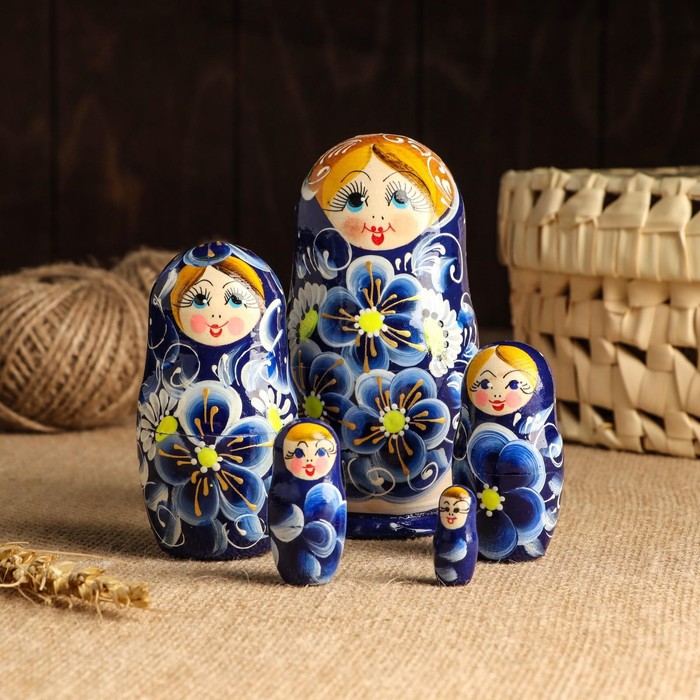Матрёшка 5-ти кукольная "Нина" синяя , 13см, ручная роспись. - фото 1907186873