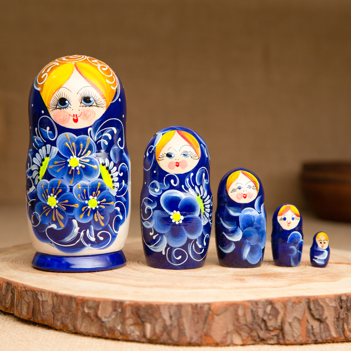 Матрёшка 5-ти кукольная "Нина" синяя , 14-15см, ручная роспись. - Фото 1