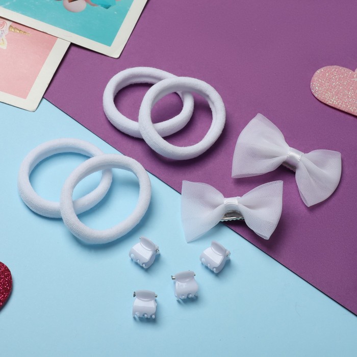 Набор для волос Выбражулька «Катерина», 2 зажима, 4 крабика, 4 резинки, бантики, белый