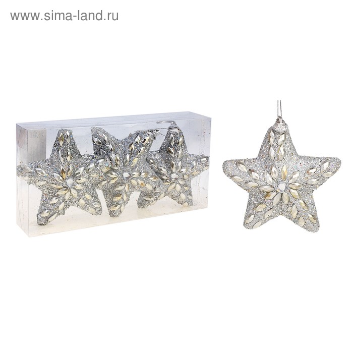 Украшение ёлочное "Звезда декор капля" (набор 3 шт) 11 см серебро - Фото 1