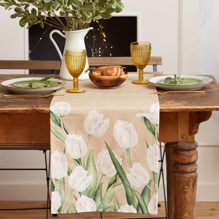 Дорожка на стол "Этель" Белые тюльпаны 40х149см, 100% хл, саржа 190 г/м2 - фото 1907187673