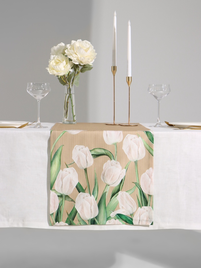 Дорожка на стол «Этель. Белые тюльпаны», 40×149 см, 100% хлопок, саржа 190 г/м², бежевая - Фото 1