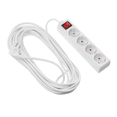 Удлинитель Luazon Lighting, 4 розетки, 10 м, 10 А, 2200 Вт, 3×0.75 мм2, с заземлением, с выключателем, белый
