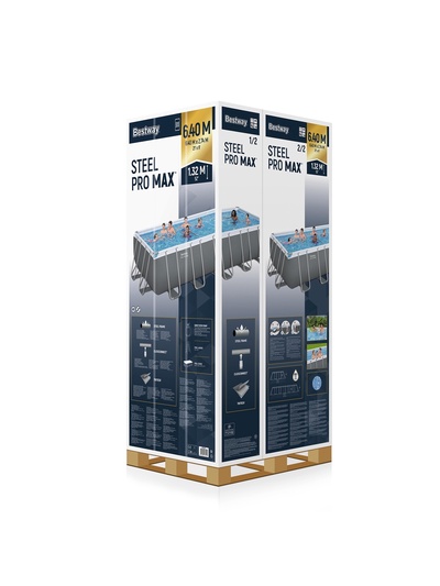 Бассейн каркасный Bestway Power Steel 5612B, 640×274×132 см, песчаный фильтр-насос, лестница, тент, диспенсер, прямоугольный