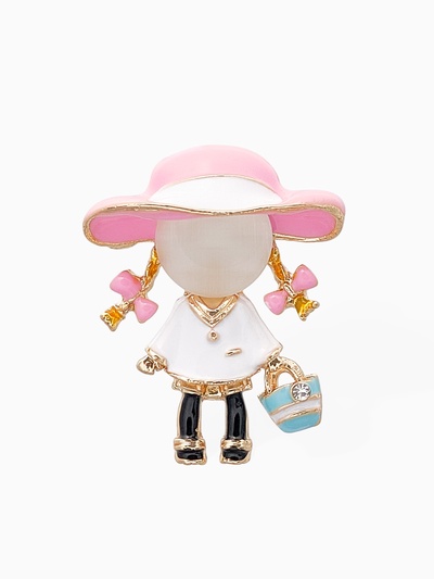Брошь «Девочка в шляпке», цветная в золоте