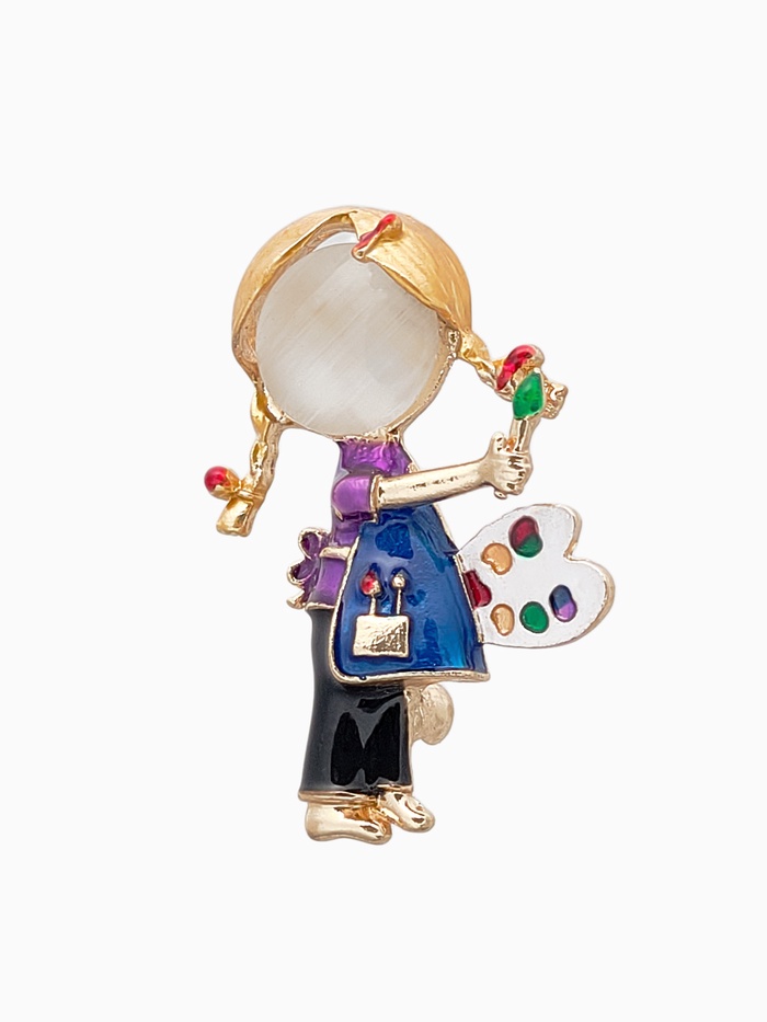 Брошь «Девочка художник», цветная в золоте - Фото 1