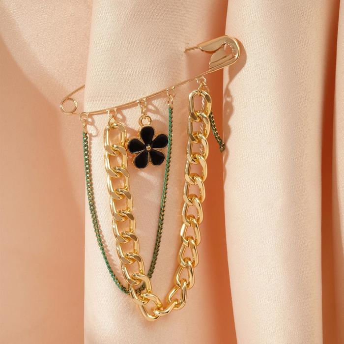 Булавка с цепочками «Цветок», 5,5см, цвет чёрно-зелёный в золоте - Фото 1