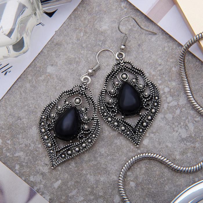 Серьги ассорти «Капля» изящность, ажурная, цвет чёрный в чернёном серебре - Фото 1