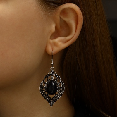 Серьги ассорти «Капля» изящность, ажурная, цвет чёрный в чернёном серебре