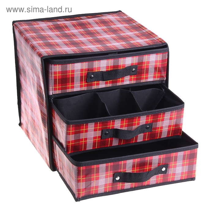 Коробка для хранения «Клетка», с 3 выдвижными ящичками, цвет красный - Фото 1