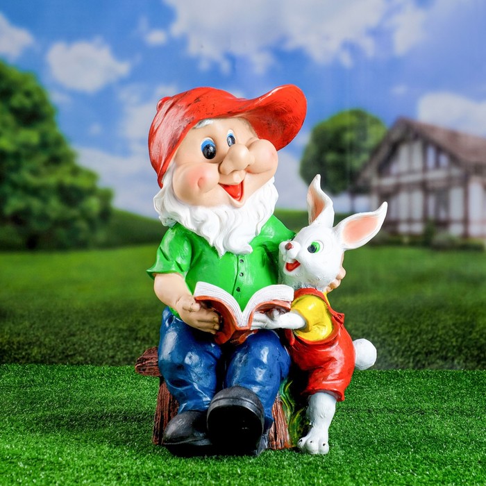 Садовая фигура "Гном с зайцем и книжкой" 42х28см - фото 1908647420