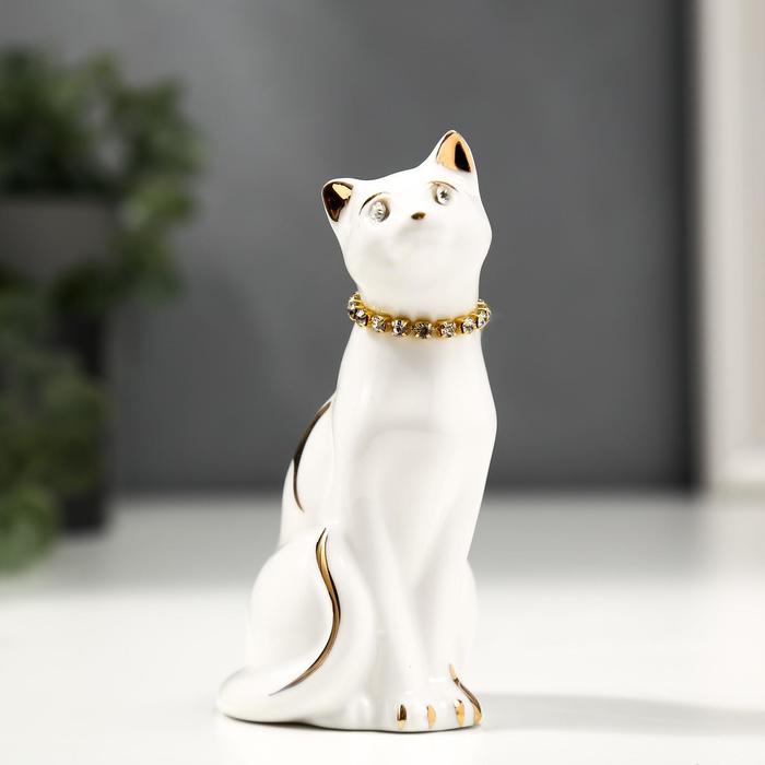 Сувенир керамика "Белая кошечка с ожерельем" с золотом, стразы 9,5 см - Фото 1
