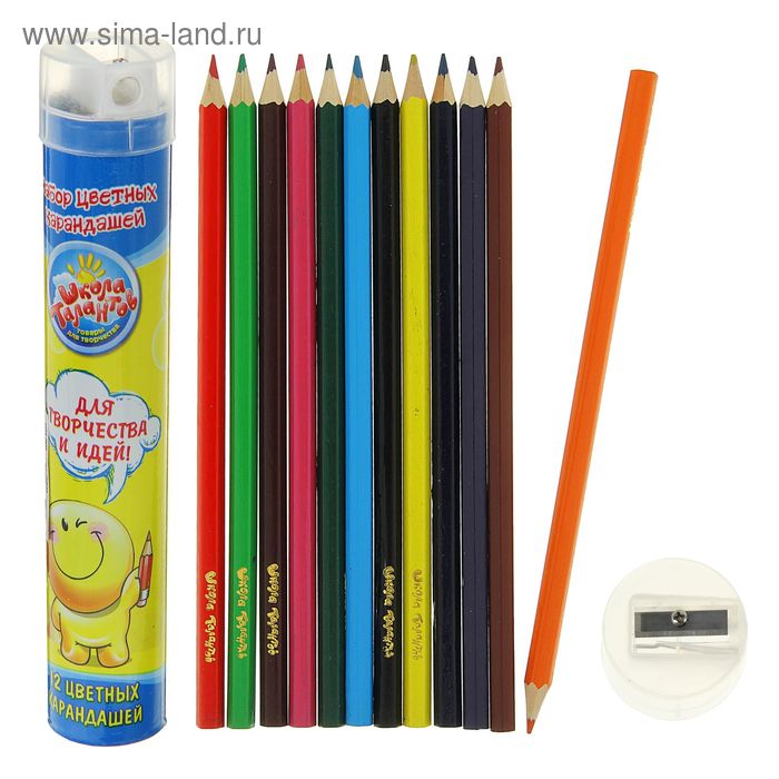 Карандаши 12 цветов в пластиковом тубусе с точилкой Школа талантов Смайлик - Фото 1