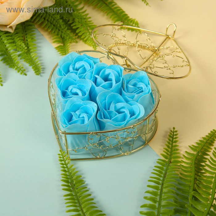 Мыльные лепестки "Сердце в шкатулке" (набор 6 роз) с цветочком, МИКС - Фото 1