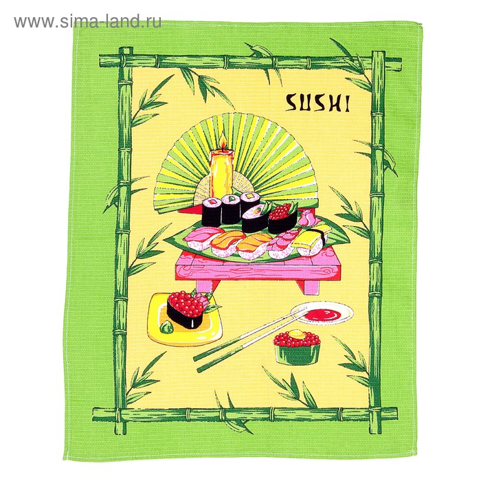 Полотенце вафельное набивное купонное "Суши" 45*62 см, зеленое 160 гр/м, хлопок 100% - Фото 1