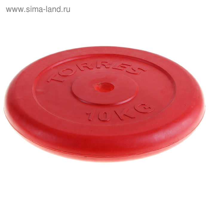 Диск обрезиненный "TORRES", 10 кг, d=25 мм, металл в резиновой оболочке, цвет: красный - Фото 1