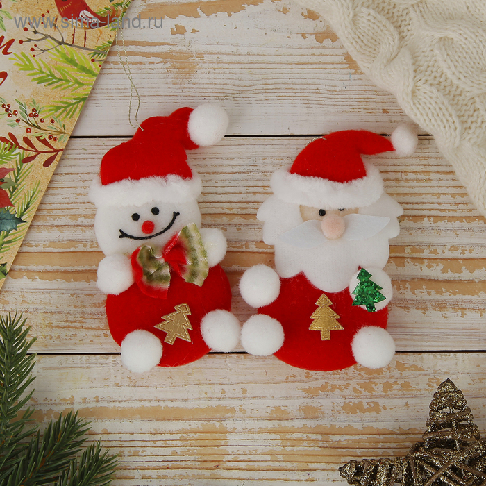 Мягкая подвеска "Дед Мороз и Снеговик с ёлочками" (набор 2 шт) красный 11 см - Фото 1
