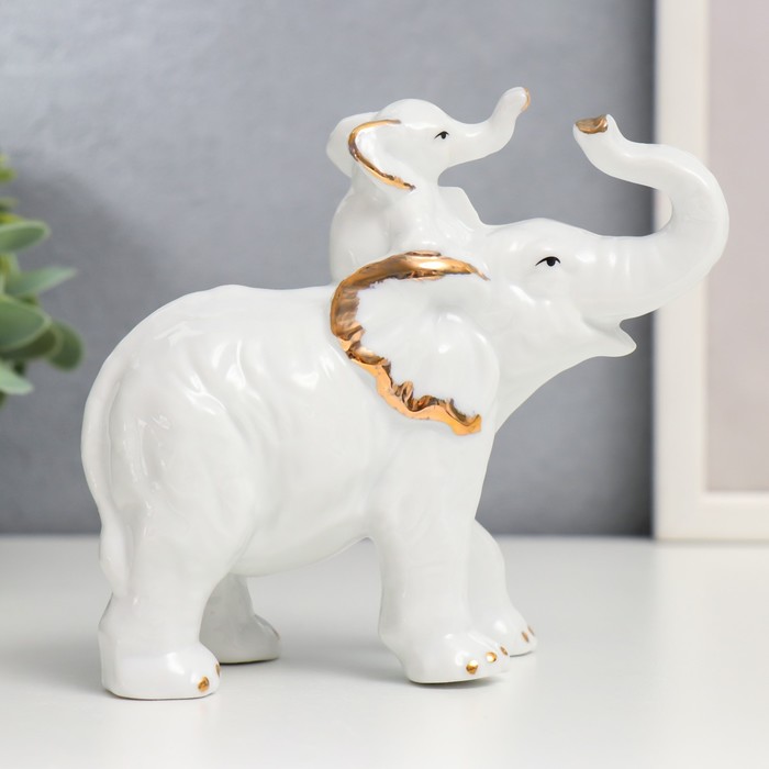 Сувенир керамика "Белый слон золотые ушки со слонёнком" 12х13х6,3 см - Фото 1