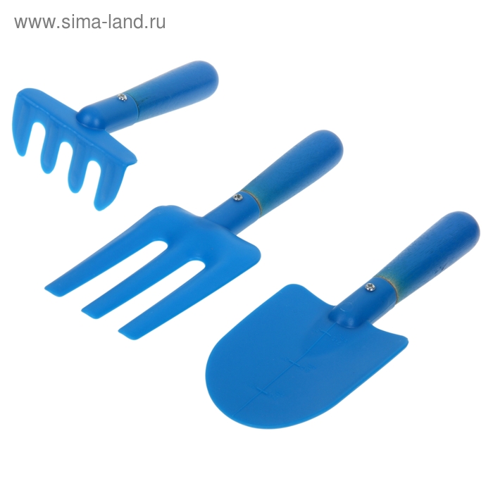 Набор садового инструмента, 3 предмета: грабли, вилка, совок, длина 19 см, пластик, голубой - Фото 1